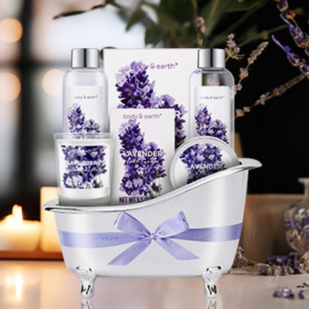 Body & Earth Lavender 7pc Spa Gift Set Mini Tub Bath Relaxation Set